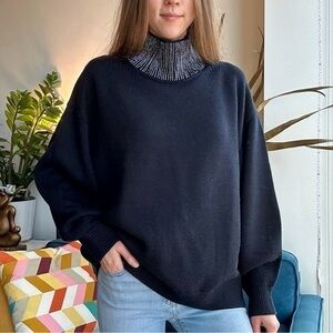 COS Merino Wool Navy Blue Embroidered Beads High Neck Heavy Sweater L